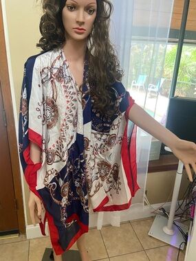 Adrienne Vittadini Navy Blue Red White Paisley Kimono Tunic